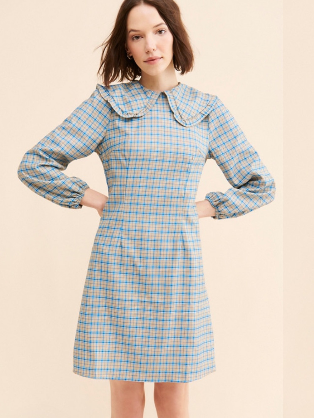 Love + Harmony Plaid LS Dress M Blue Tan Peter Pan Collar Cottagecore Career